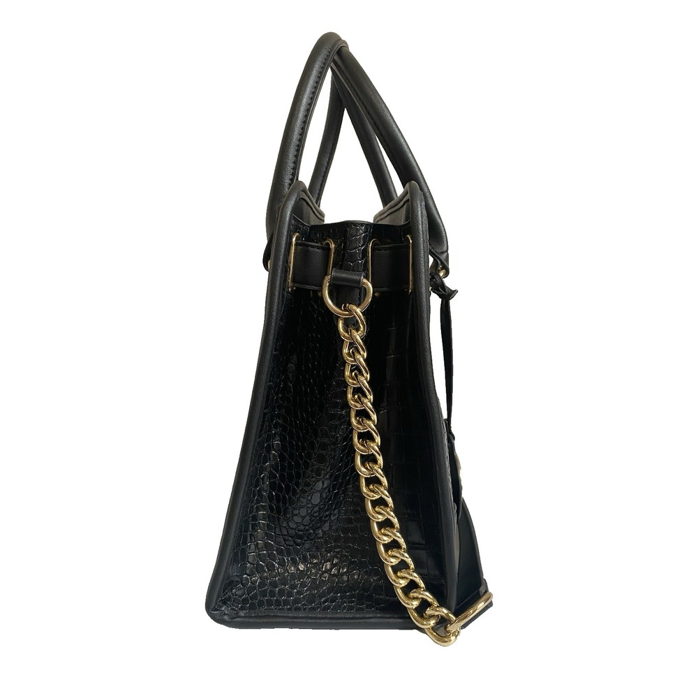 Dasein Womens Black Faux Leather Purse Padlock Belted Top Handle Satchel Handbag - Picture 3 of 9